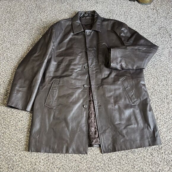 BGSD Mens Long Genuine Leather Coat Jacket Size 2XL Tall Brown Leather Button - Picture 1 of 7
